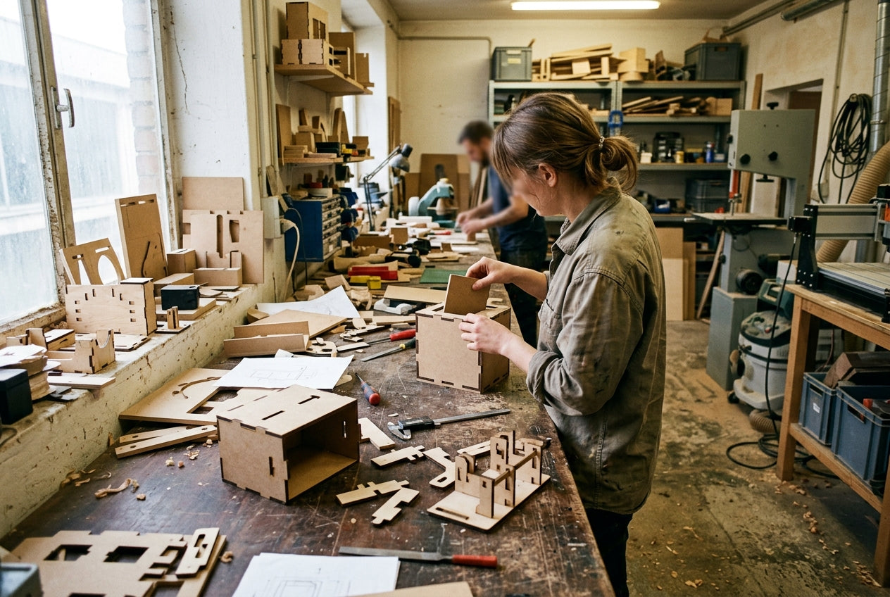 Ontwerper maakt kartonnen verpakkingsprototypes in een werkplaats