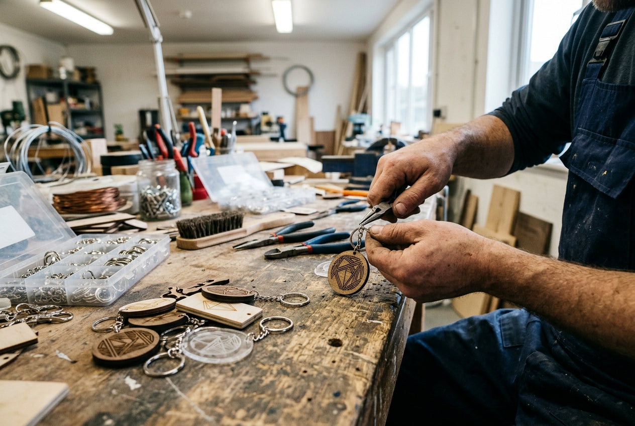 Maker assembleert gepersonaliseerde producten op een werkbank