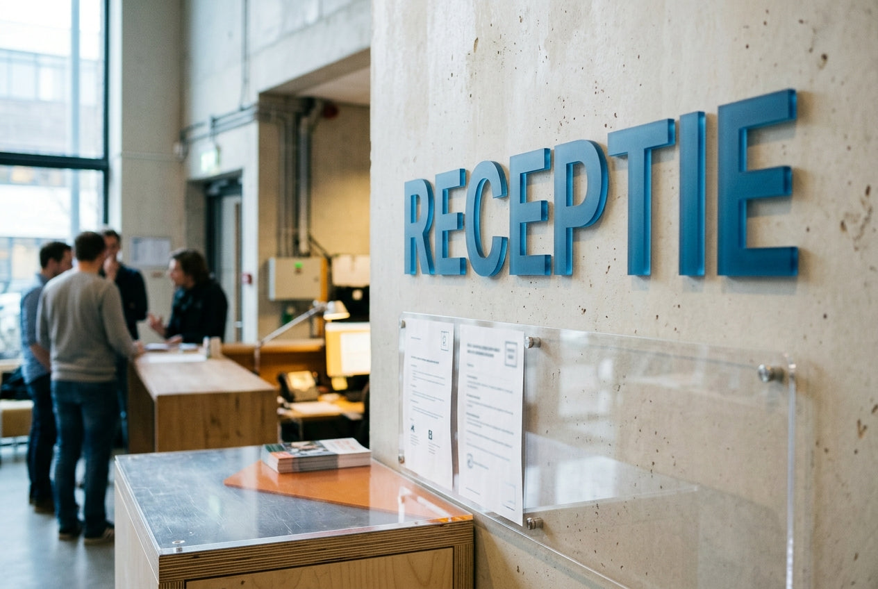Acrylaatletters met het woord Receptie op een betonnen wand