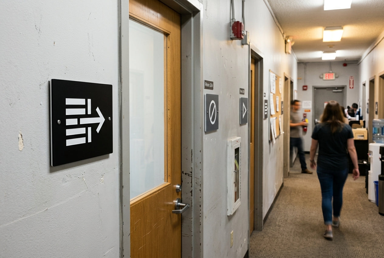 Zwart toiletbord met witte pictogrammen in een gang