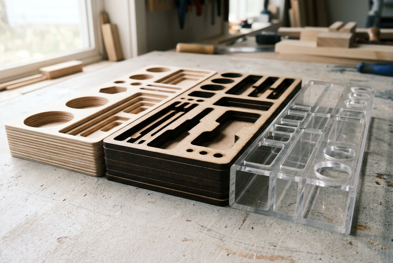 Inlays en presentatievormen van hout, karton en acrylaat