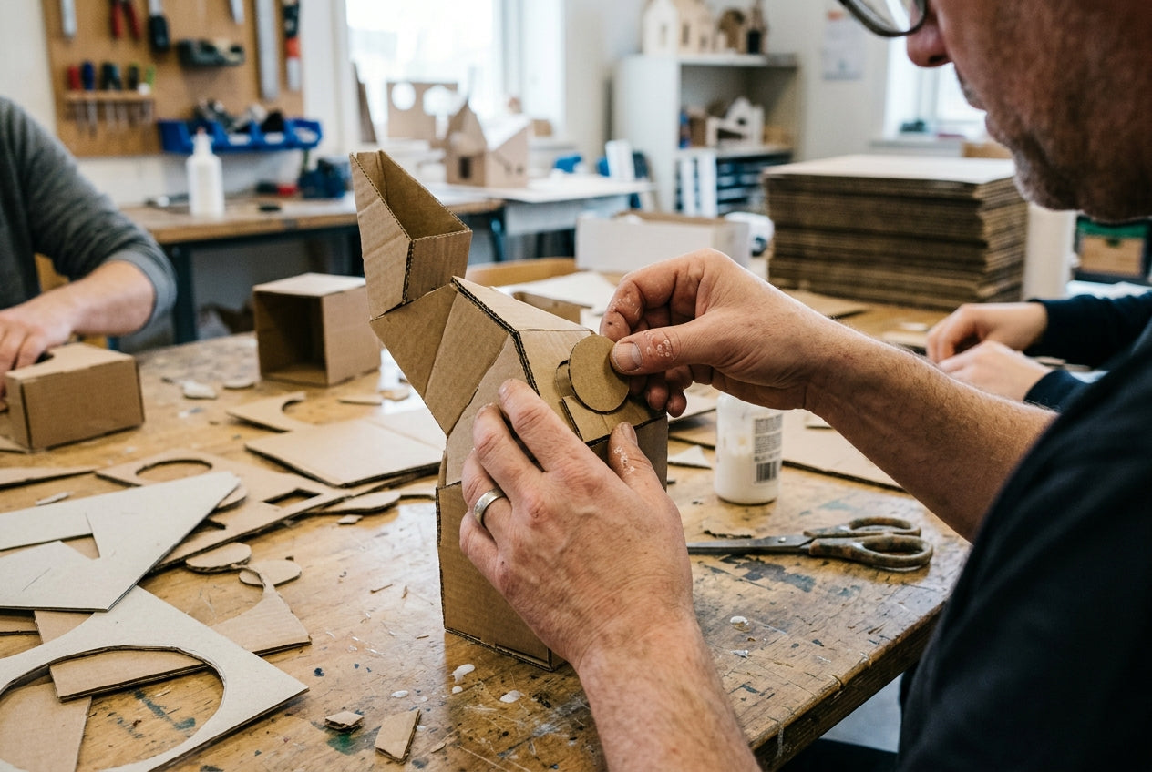 Deelnemers bouwen kartonnen projecten aan een werktafel
